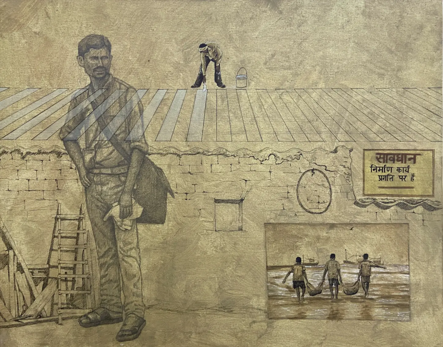 Between duty and desire by Om Kumar - Acrylic and pen on canvas