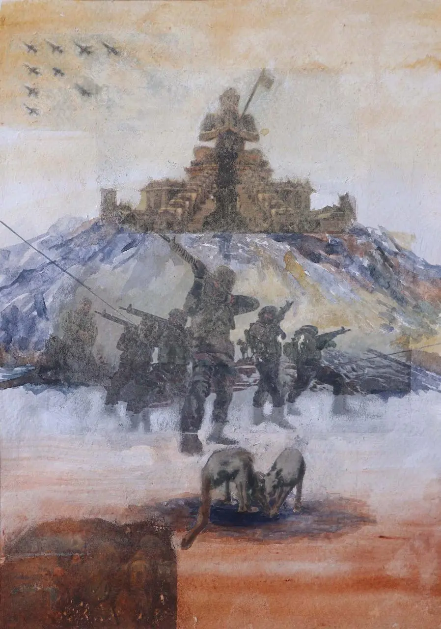 Shield by Bikramjit Paul - Poster color, watercolor, newspaper, charcoal, Fevicol, pencil, and gloss medium
