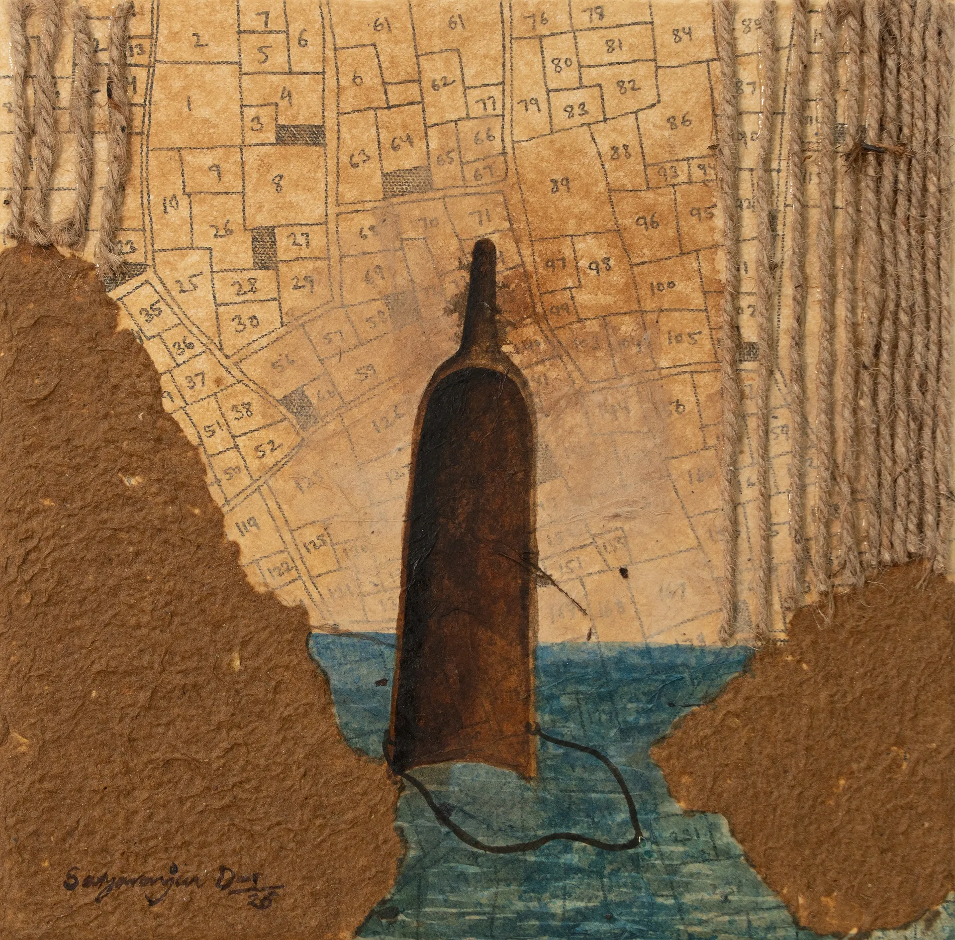 Sedhua (odia word) by Satyaranjan Das - Watercolour, ink, paddy, jute thread, paper pulp, rice paper on canvas