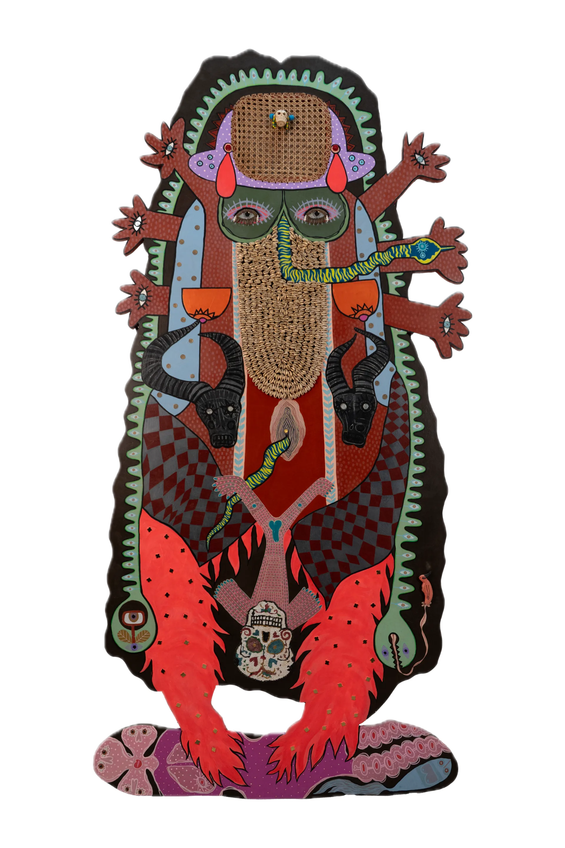 This is not a goddess - that's me by Varnita Sethi - Acrylic, kowri shells, embroidery patch, mirrors, skull bead, beads, coral and bamboo weaving on board