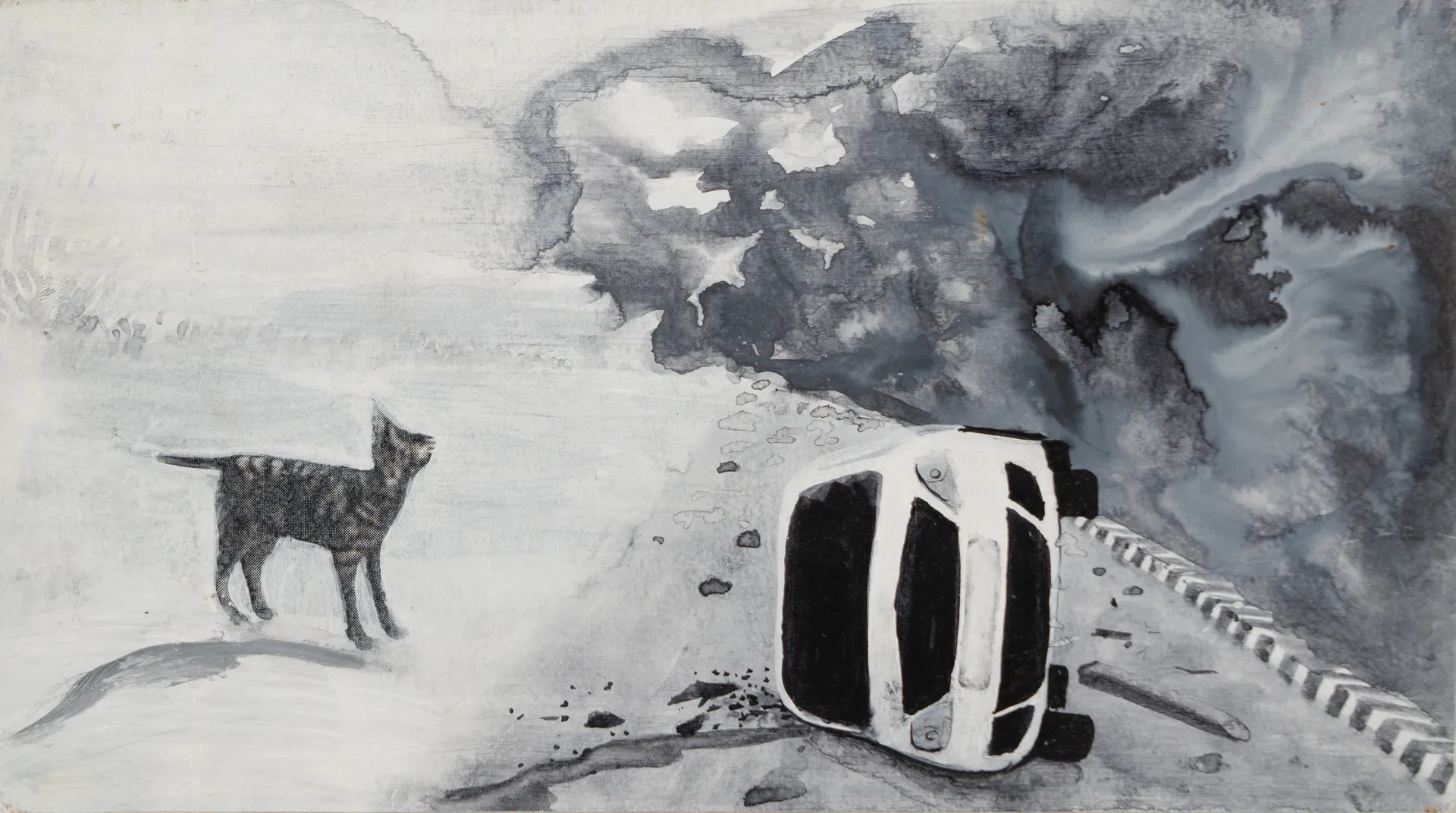 Schrodinger’s cat on a walk 6 by Ritesh Khowal - Ink, emulsion & acrylic on paper