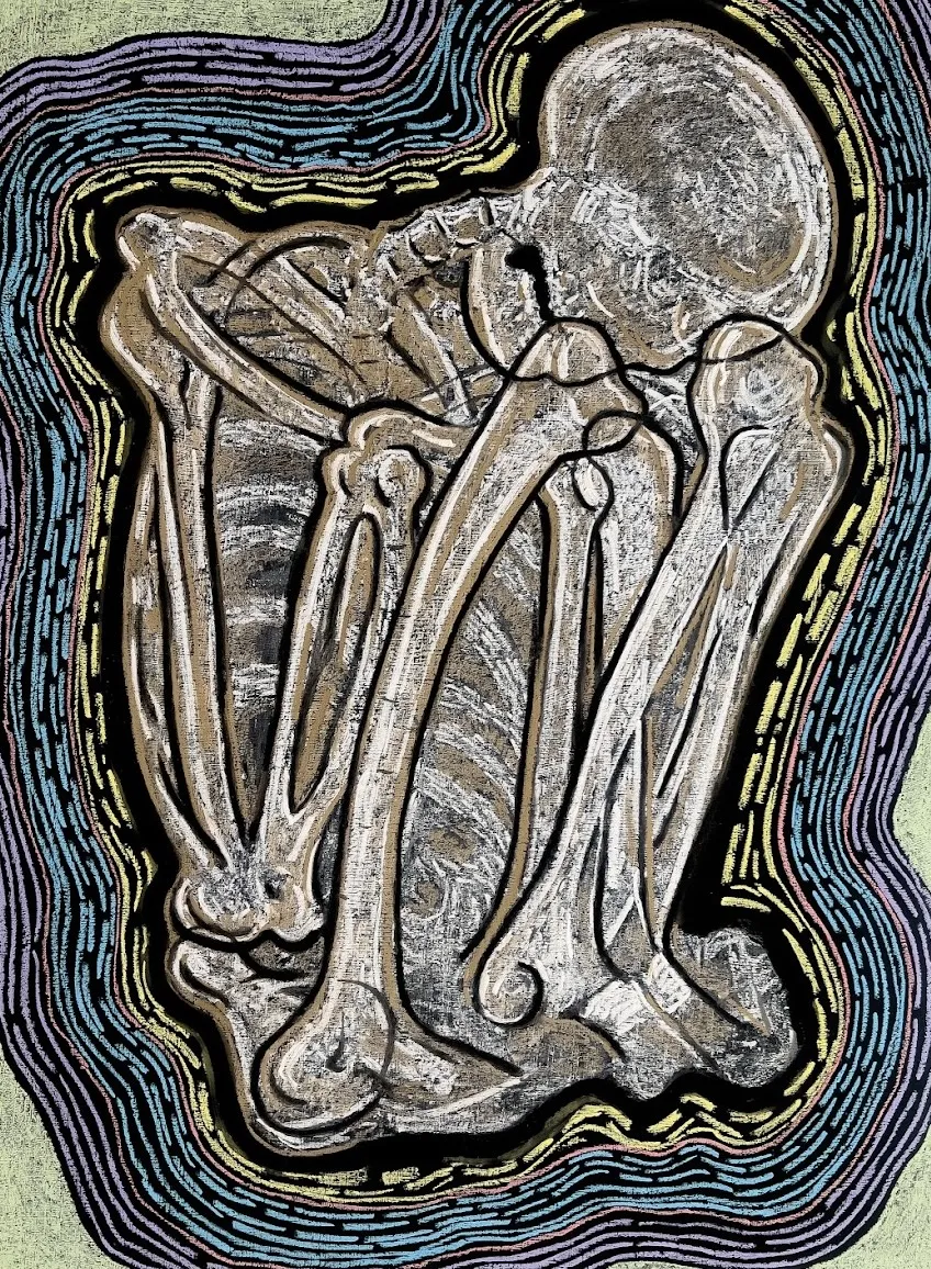 Mummy wrapped in many layers of linen cloth, Tamil coast excavation by Boris Colin Alphonse - Chalk on blackboard (chalkboard paint, chalk, wooden board); presented as image transfer on prepared MDF (water sealant, primer, gesso)