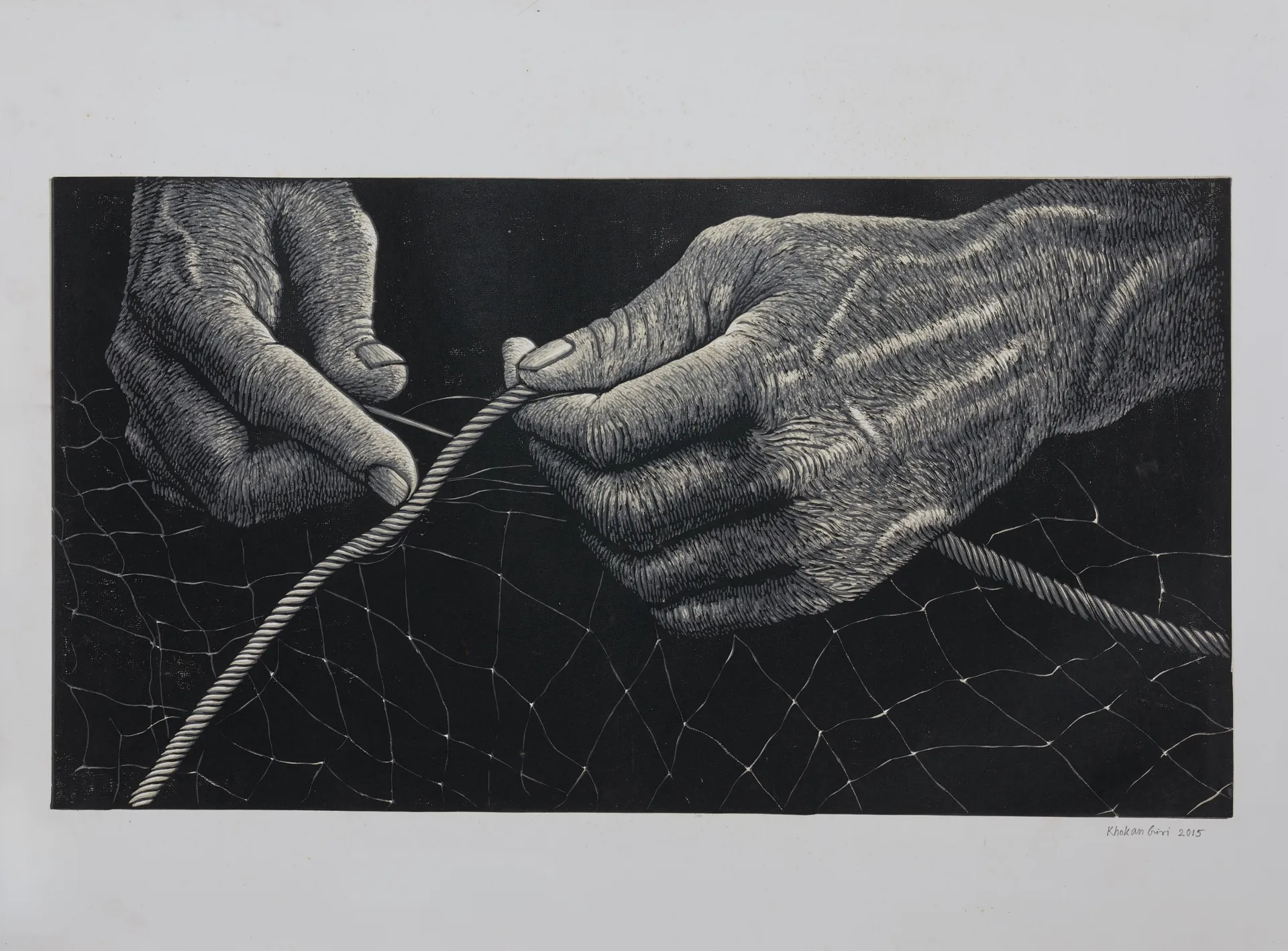 Labour by Khokan Giri - Linocut