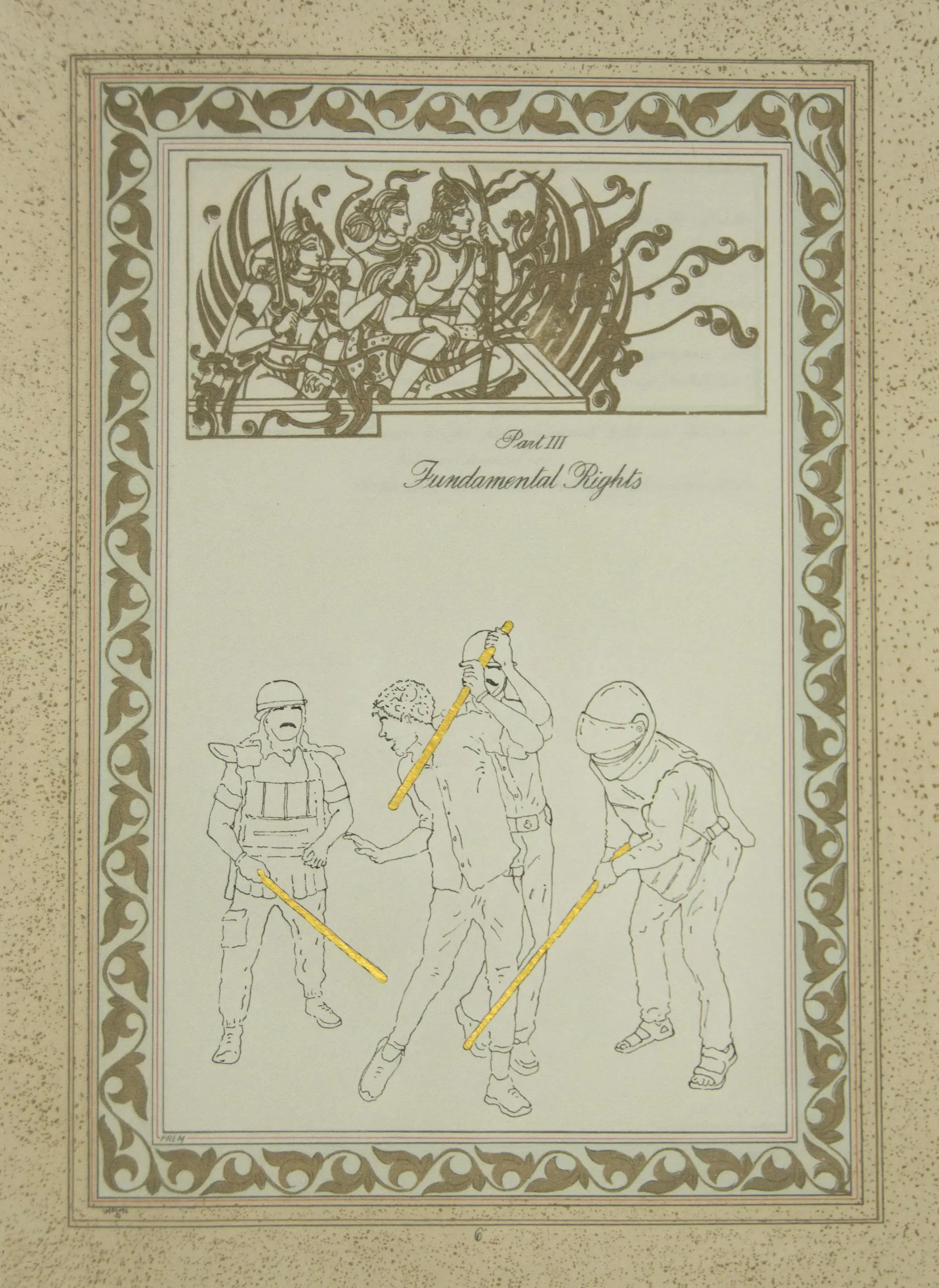 A promise of rights, a regime of fear, 6 by Harun Al Rashid Mollah - Traced drawing (based on verified incidents), gold pigment, and pigment print