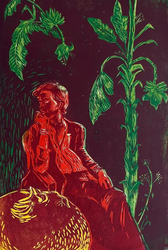 Banana eater by Tushar Tanwar - Woodcut coloured print on sheet