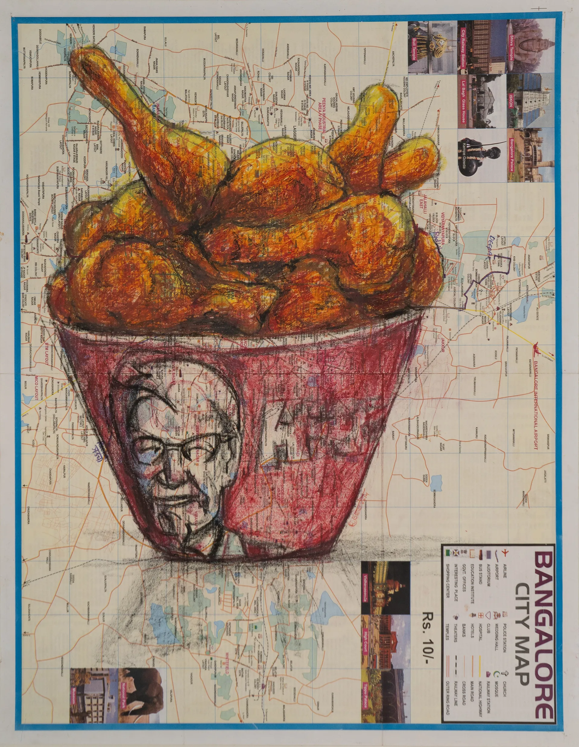 Chicken by Prasad KV - Oil pastel on city map (paper)