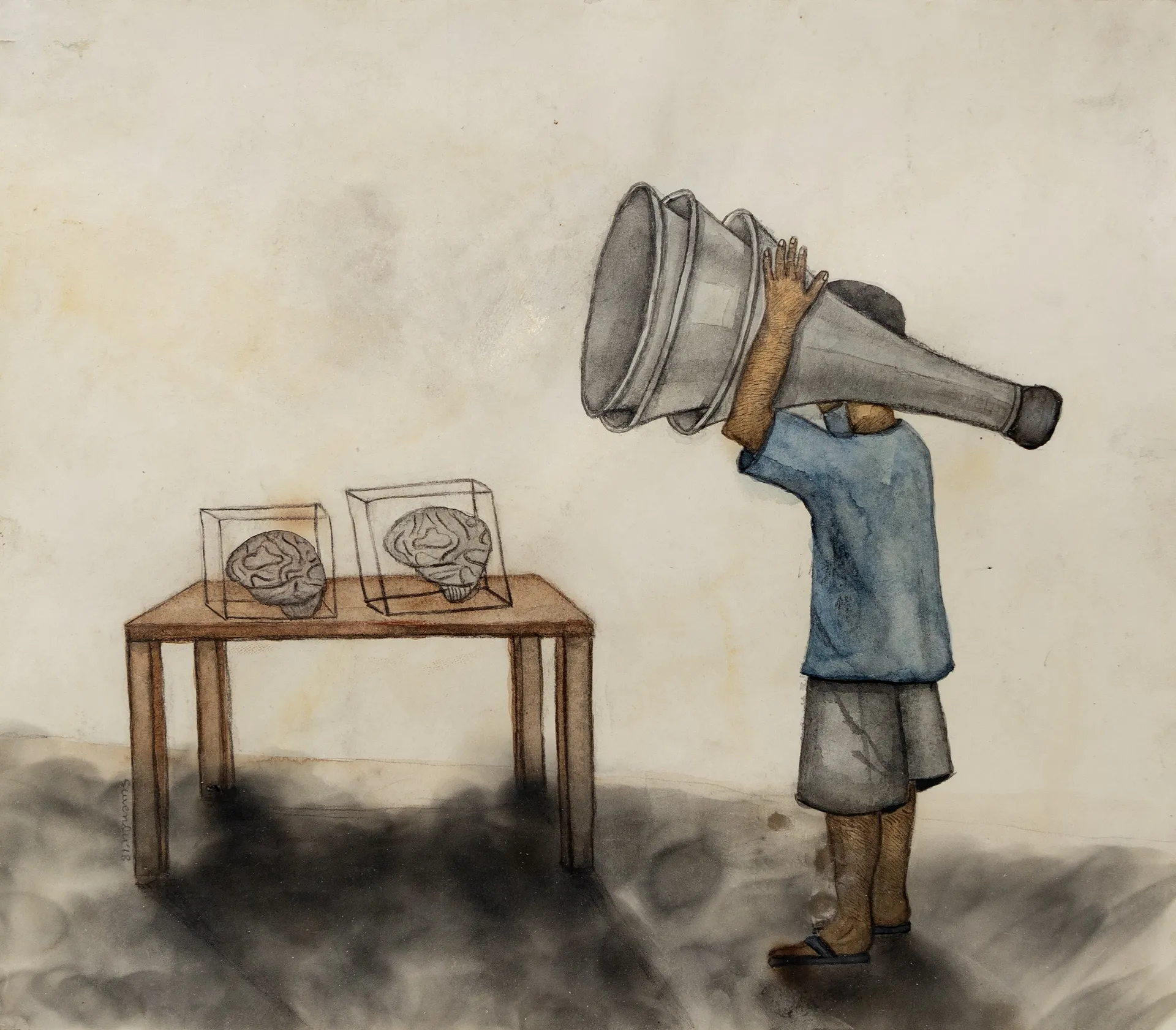 Nothing serious, 1 by Suvendu Bhandari - Watercolor, conte, graphite, smoke