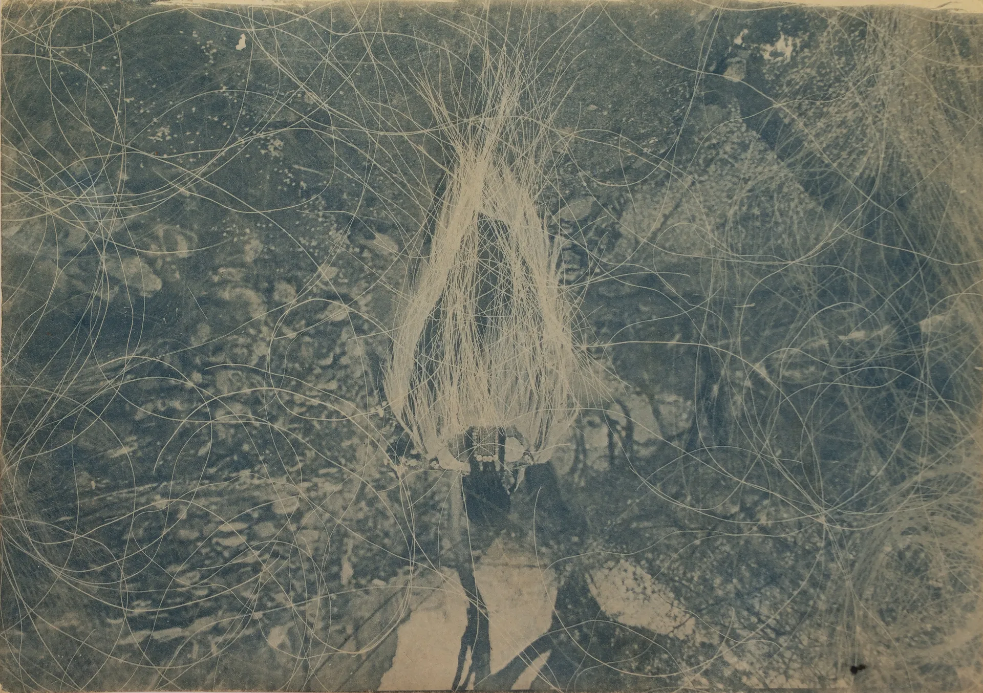 Entangled memories by Ayan Biswas - Yak hair placed on cyanotype