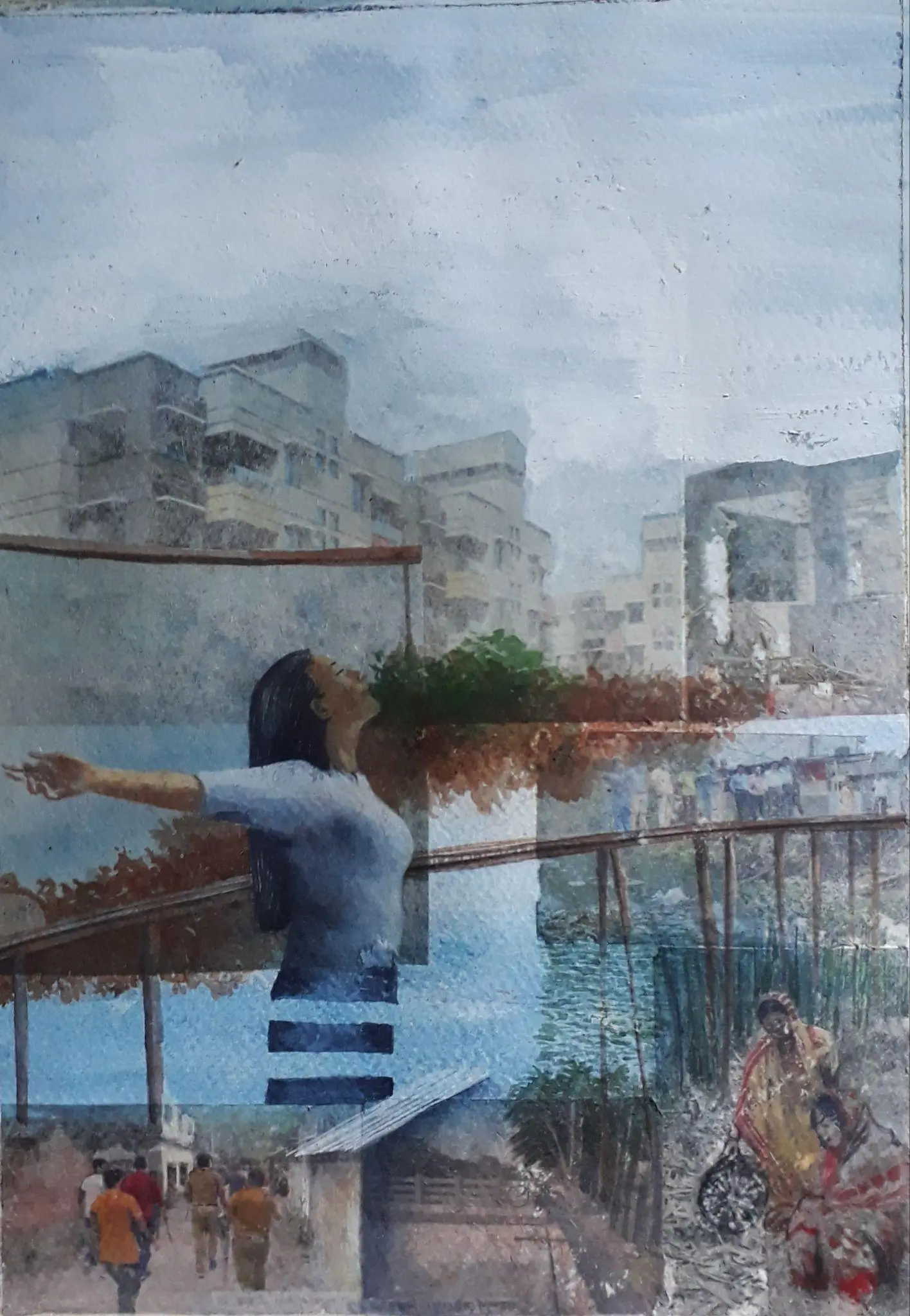 The free girl by Bikramjit Paul - Poster color, watercolor, newspaper, charcoal, Fevicol, pencil, and gloss medium