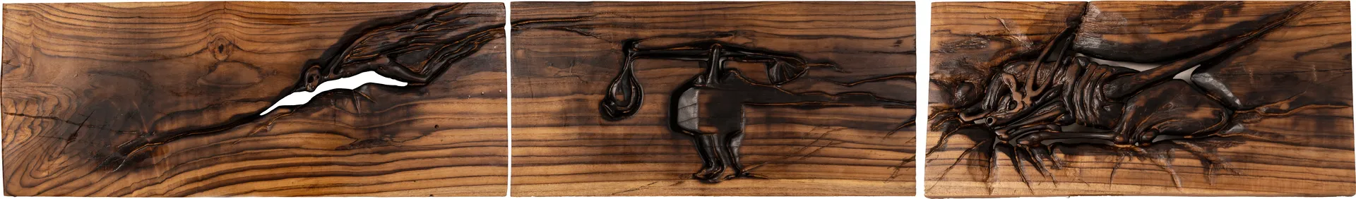 The travelling soul of Nila (triptych) by Tapan Moharana - Sunken relief on teak wood