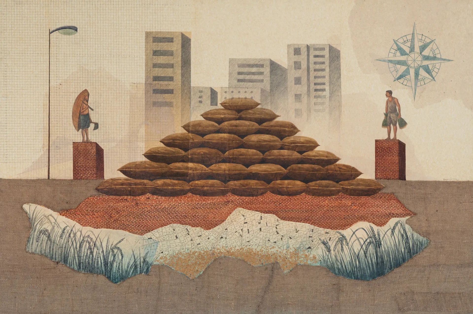 The armyworm by Satyaranjan Das - Watercolour, jute fabric, paddy, graphite, rice paper on canvas