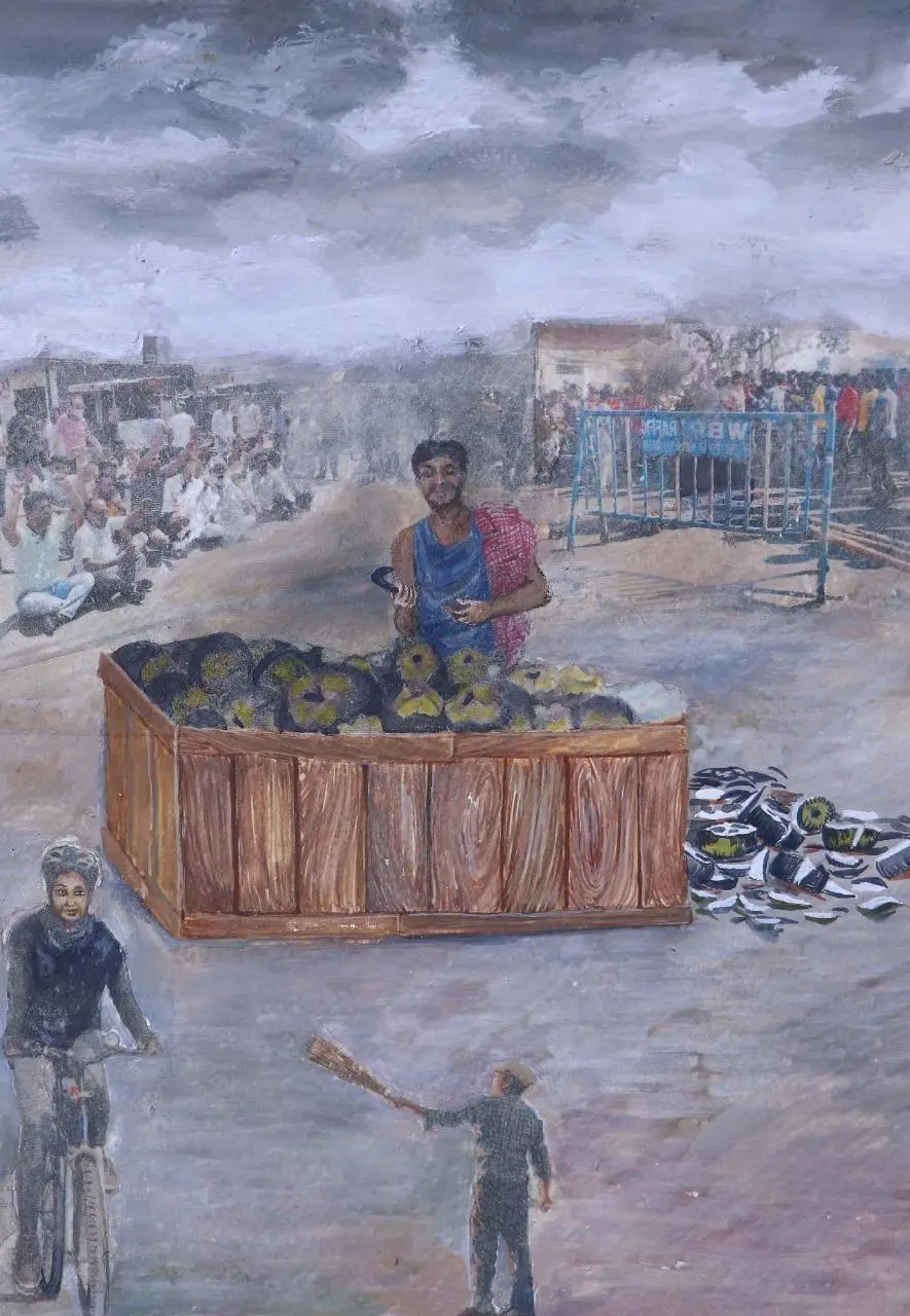 "তাল" seller by Bikramjit Paul - Poster color, watercolor, newspaper, charcoal, Fevicol, pencil, and gloss medium