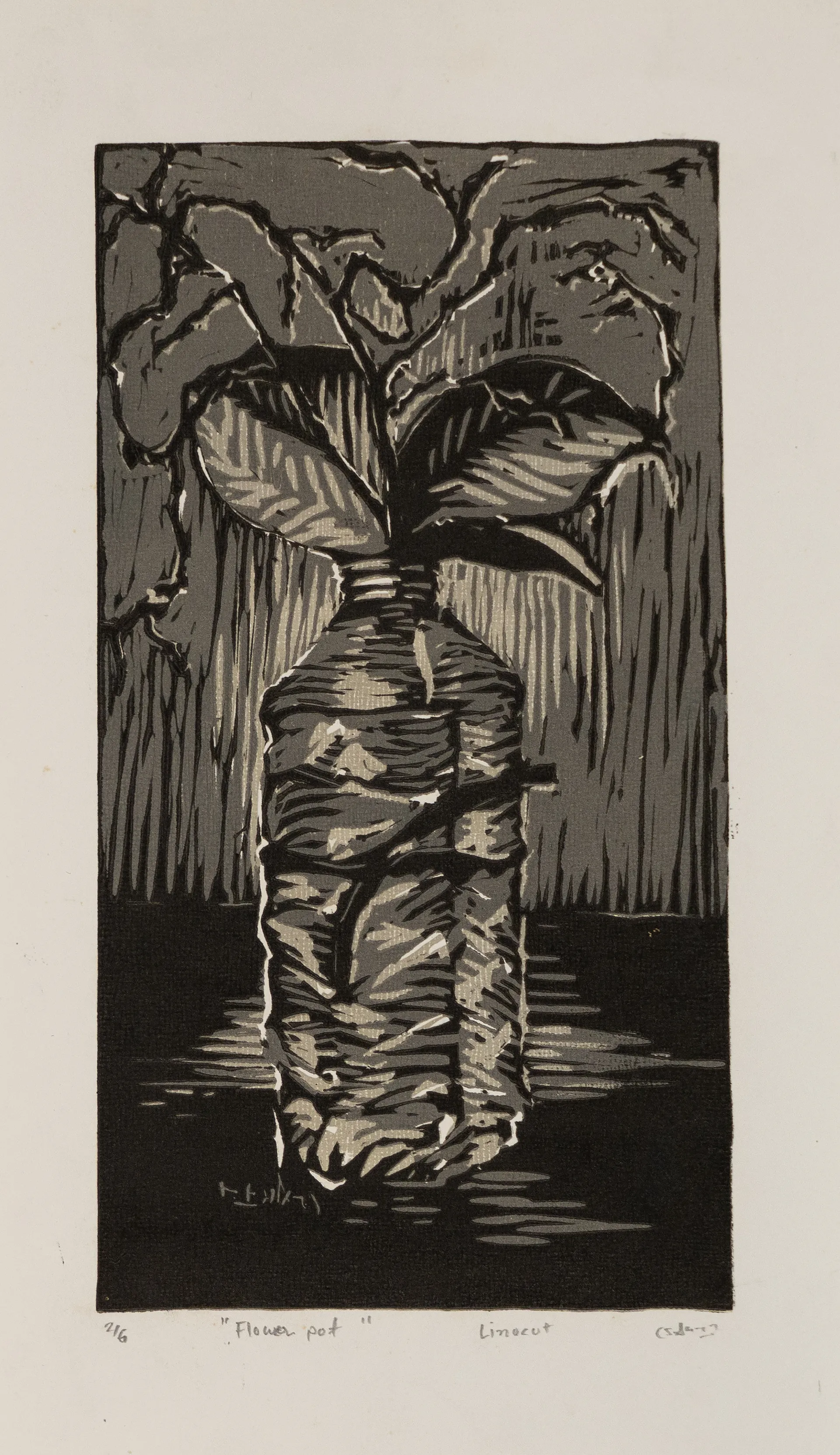 Pot flower by Akbar Ali Sunasara - Linocut print