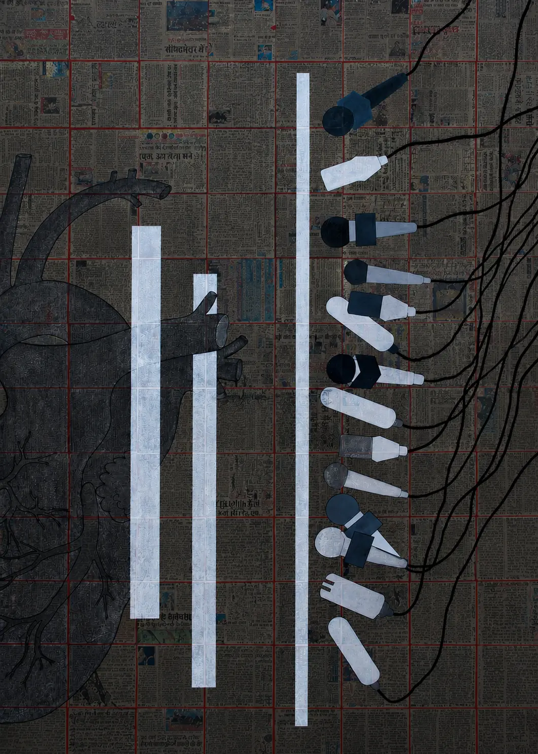 Conference -1 by Shiv Kumar - Charcoal, black ink, acrylic on canvas