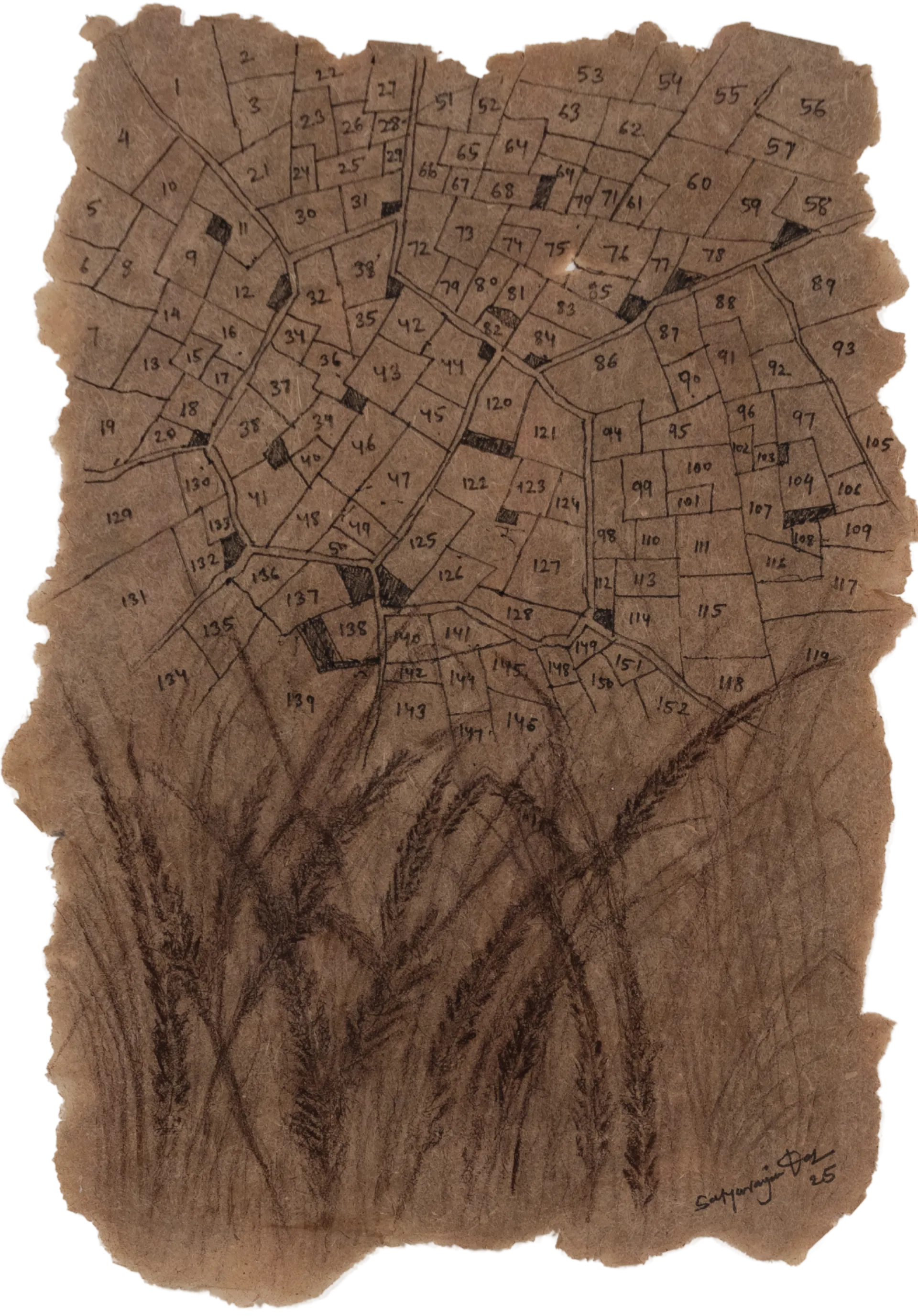 Survivor, 2 (set of 9) by Satyaranjan Das - Charcoal, watercolour, jute thread, paddy on handmade rice paper