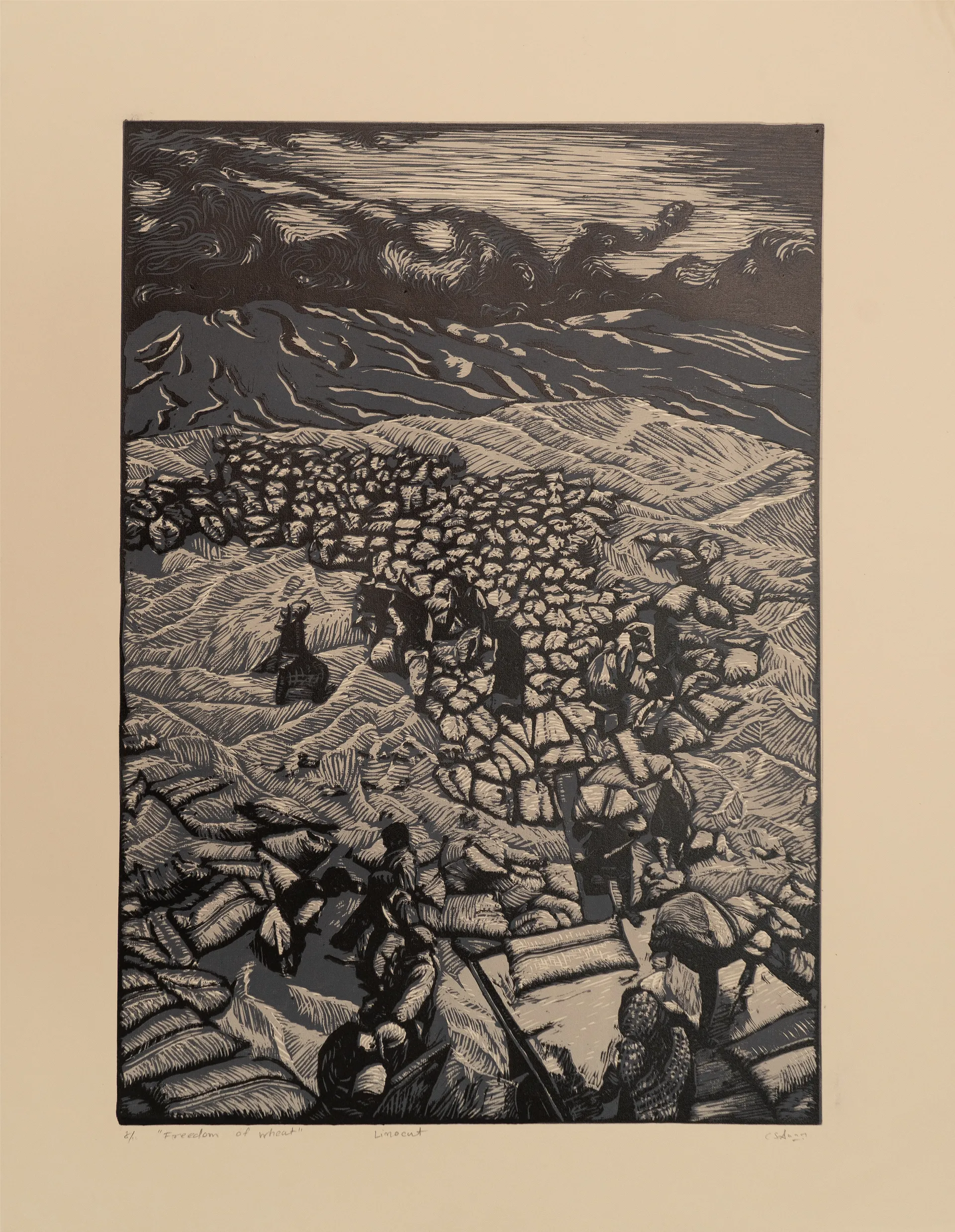 Freedom of wheat by Akbar Ali Sunasara - Linocut print