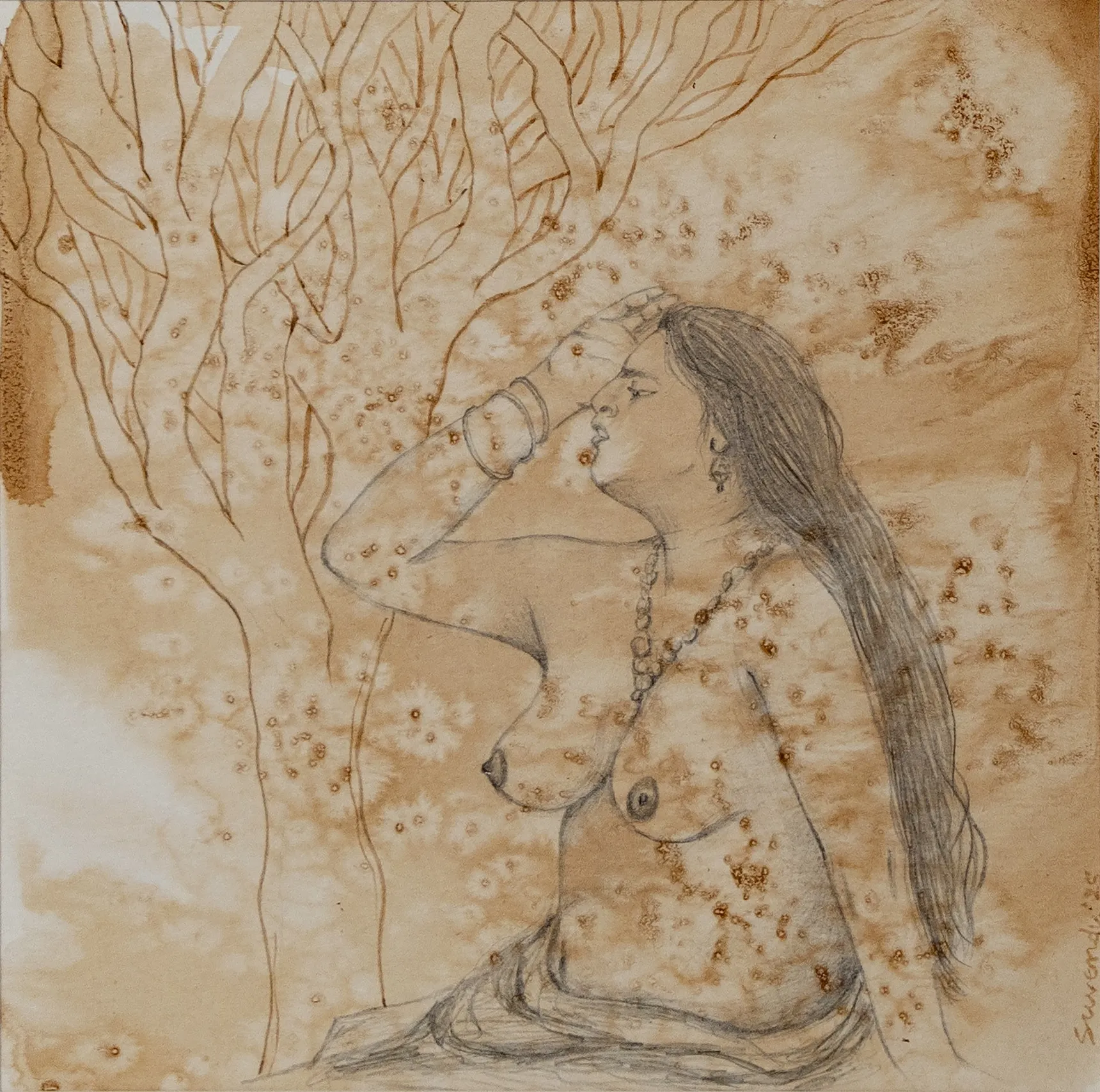 Spur of the moment by Suvendu Bhandari - Watercolor, graphite, salt, tea stain