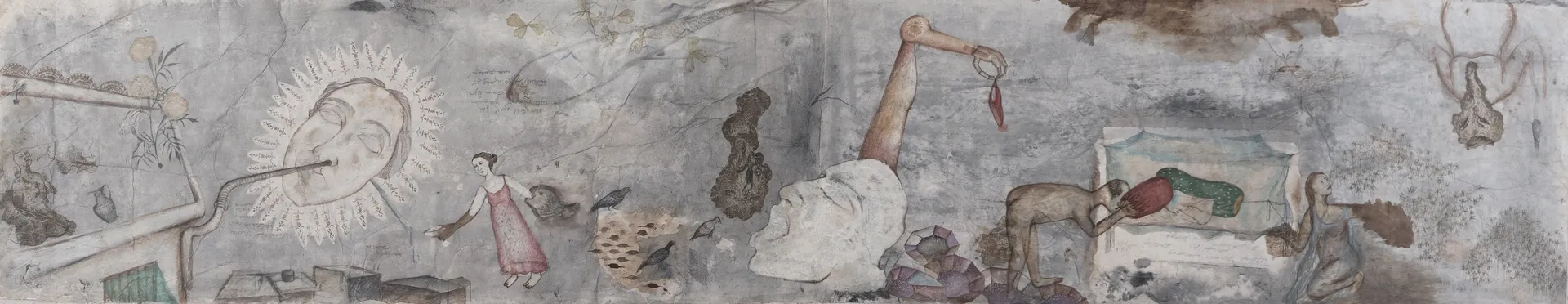 The ruin of the city where the drama has been staged again; by Oliva Saha - Gouache colour, tea stain, natural colour on rice paper pasted on processed surface