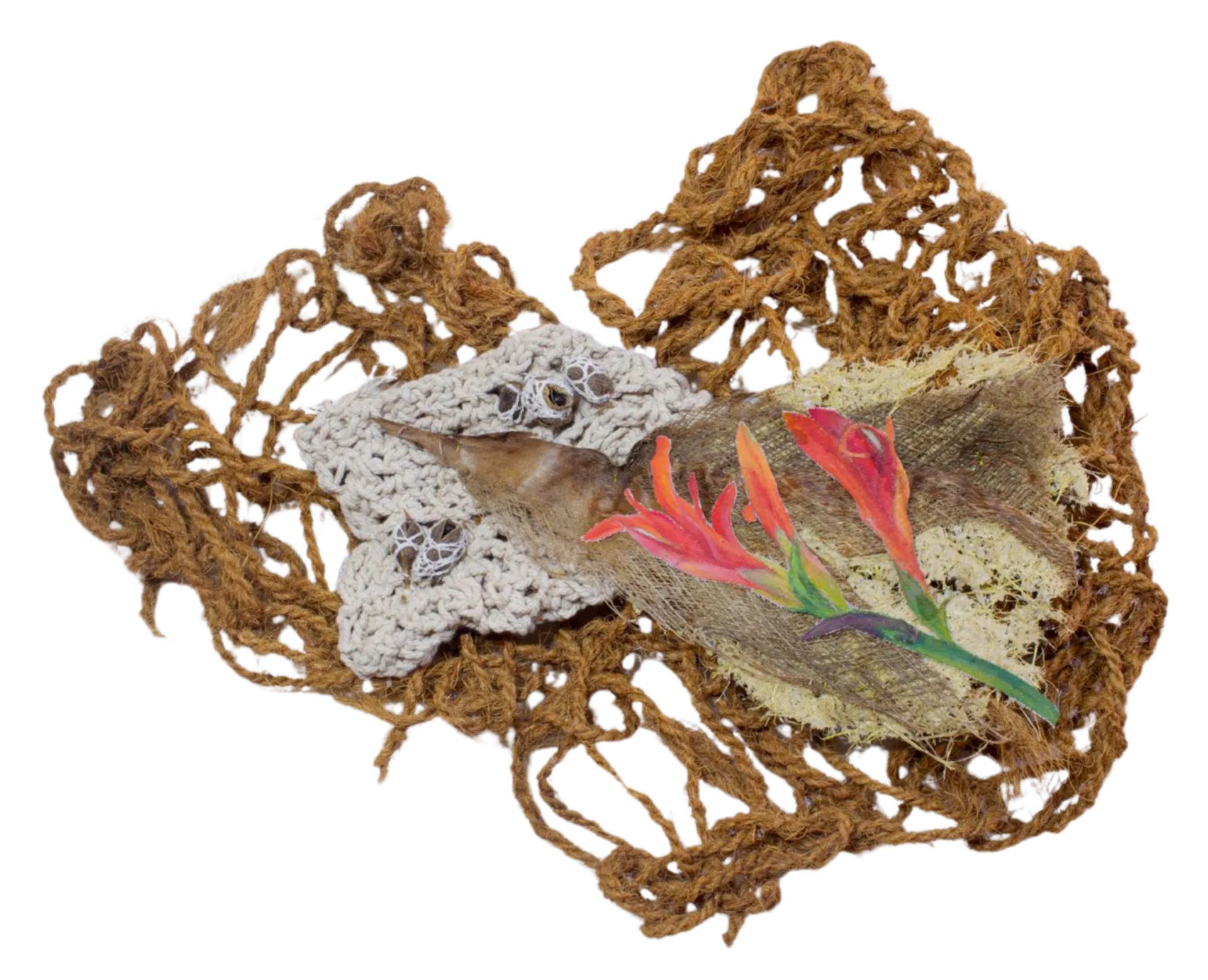 Assemblage II by Jayita Barai - Cotton rope, Canna indica seedpods, coir rope, dried bark, gouache colour on cloth, corn husk paper