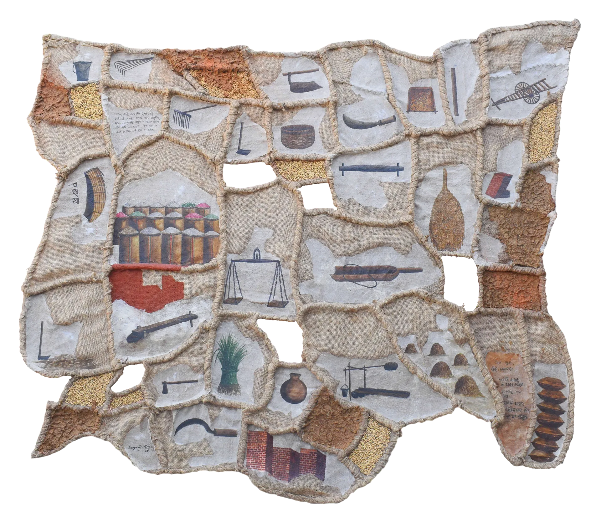 Land map by Satyaranjan Das - Watercolour, ink, graphite, rice paper on jute cloth