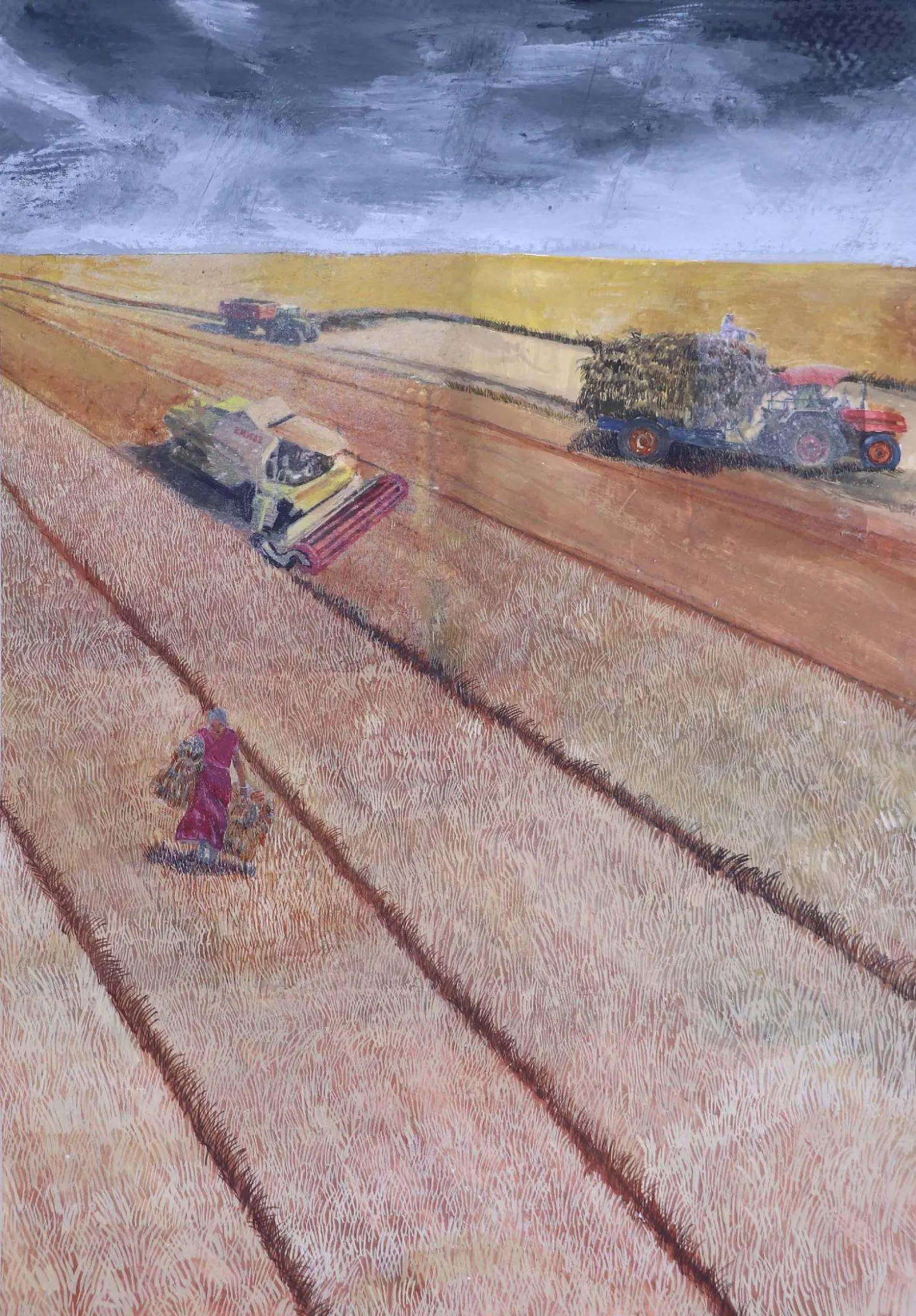 The farmer, 2 by Bikramjit Paul - Poster color, watercolor, newspaper, charcoal, Fevicol, pencil, and gloss medium