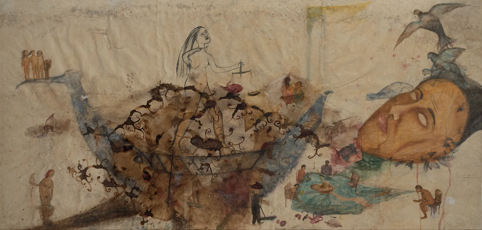 The horror of a dreamland, where I was wandering like a tiny insect by Oliva Saha - Gouache colour, natural pigment, alta dye, flower stain on rice paper pasted on patta cloth surface