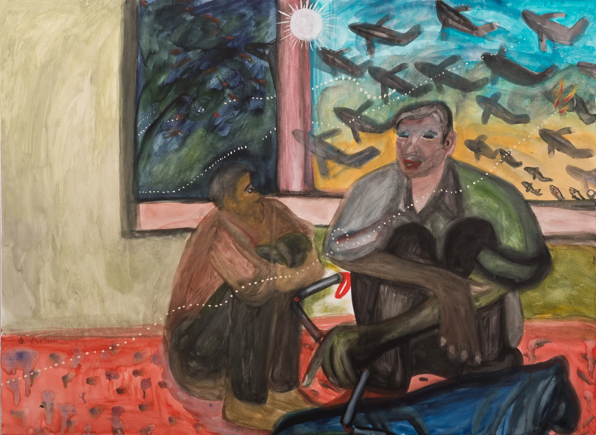 A young man with blind man by G. Mahesha - Watercolor on paper