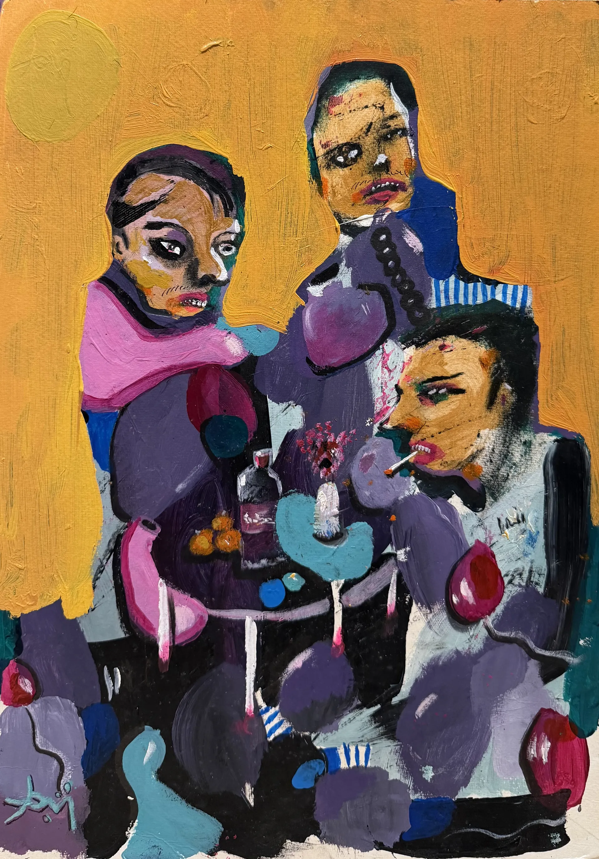 Three at the table by Aditiya Singh - Acrylic on acrylic paper