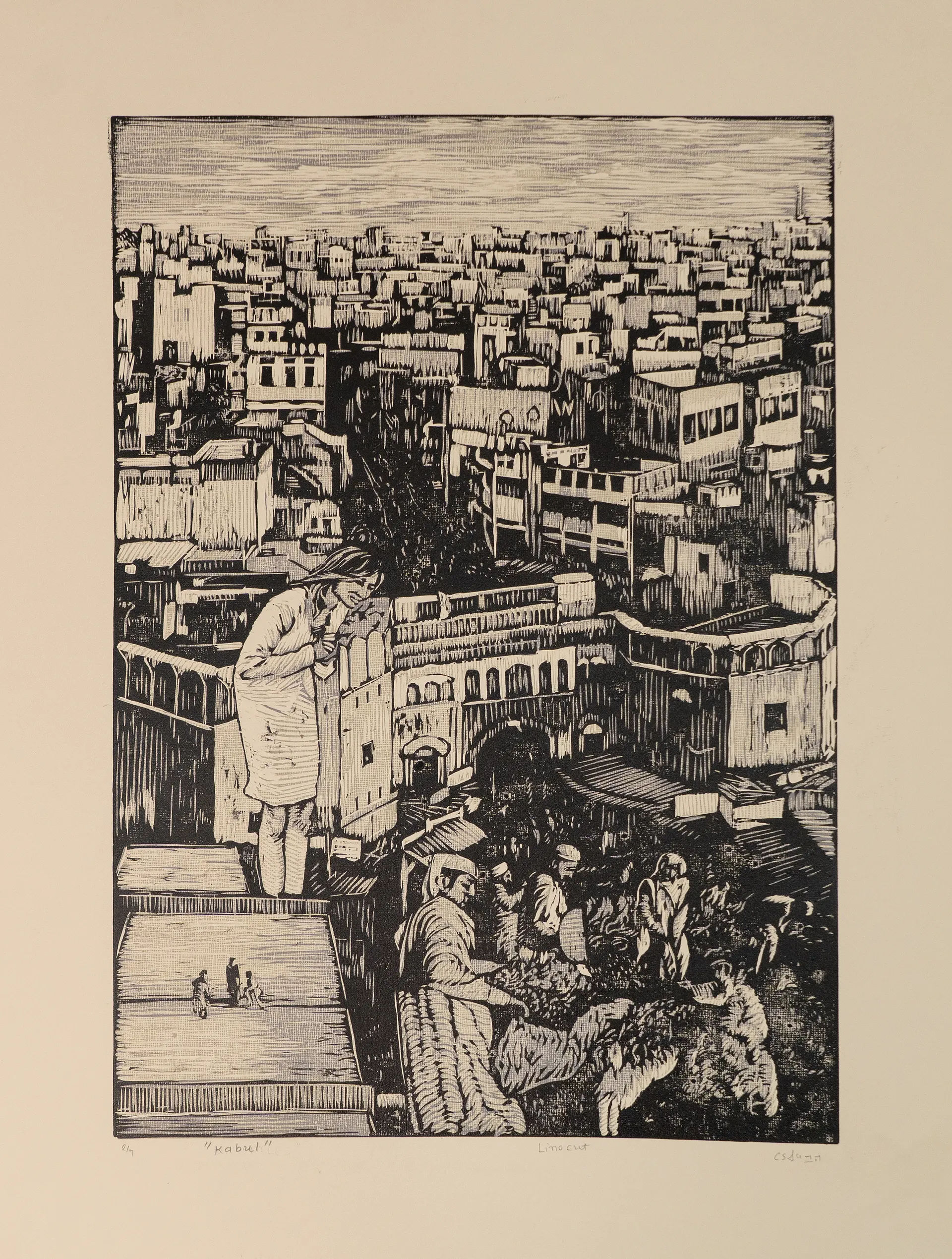 Kabul by Akbar Ali Sunasara - Linocut print
