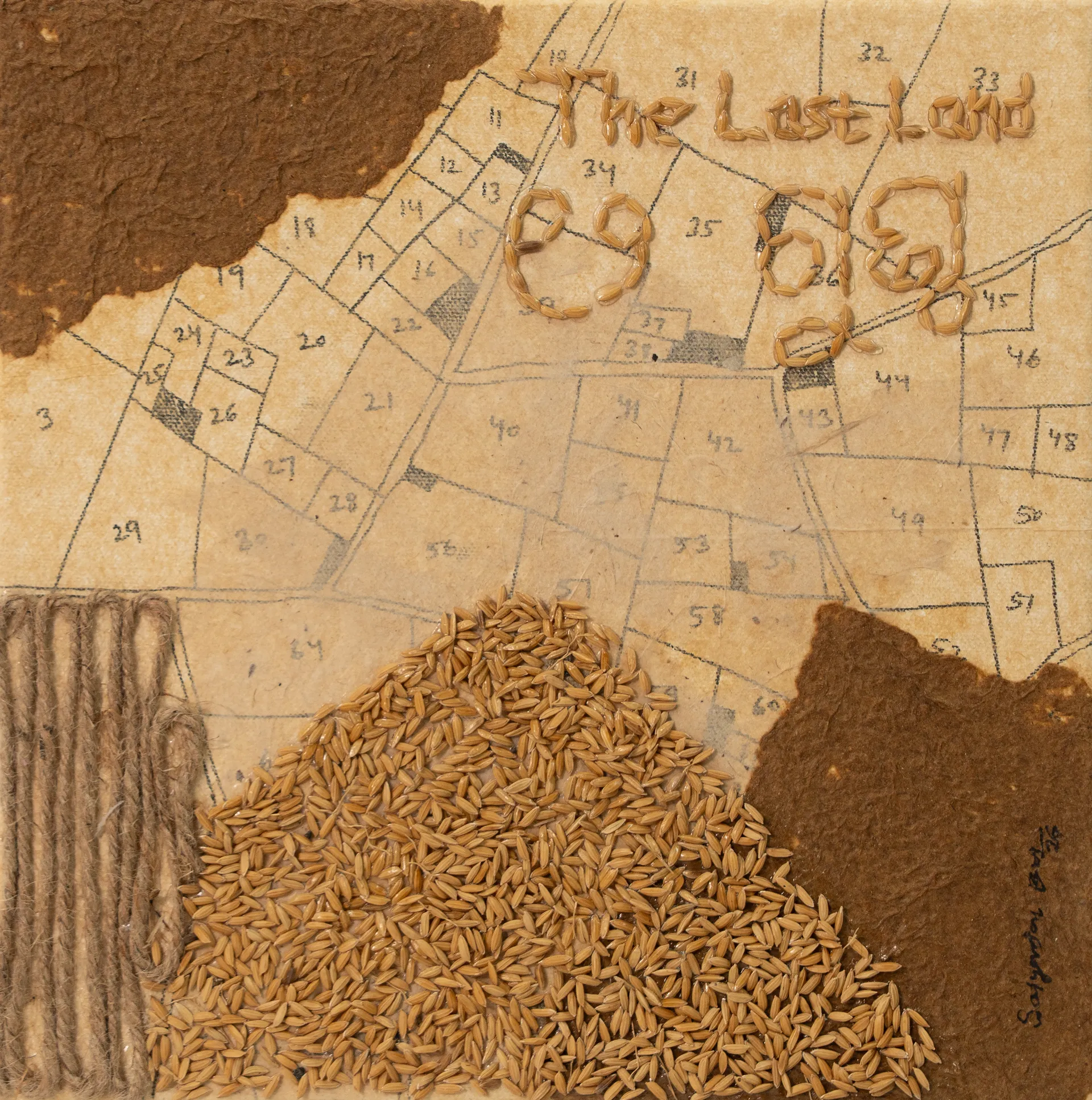 The last land by Satyaranjan Das - Watercolour, ink, paddy, jute thread, paper pulp, rice paper on canvas