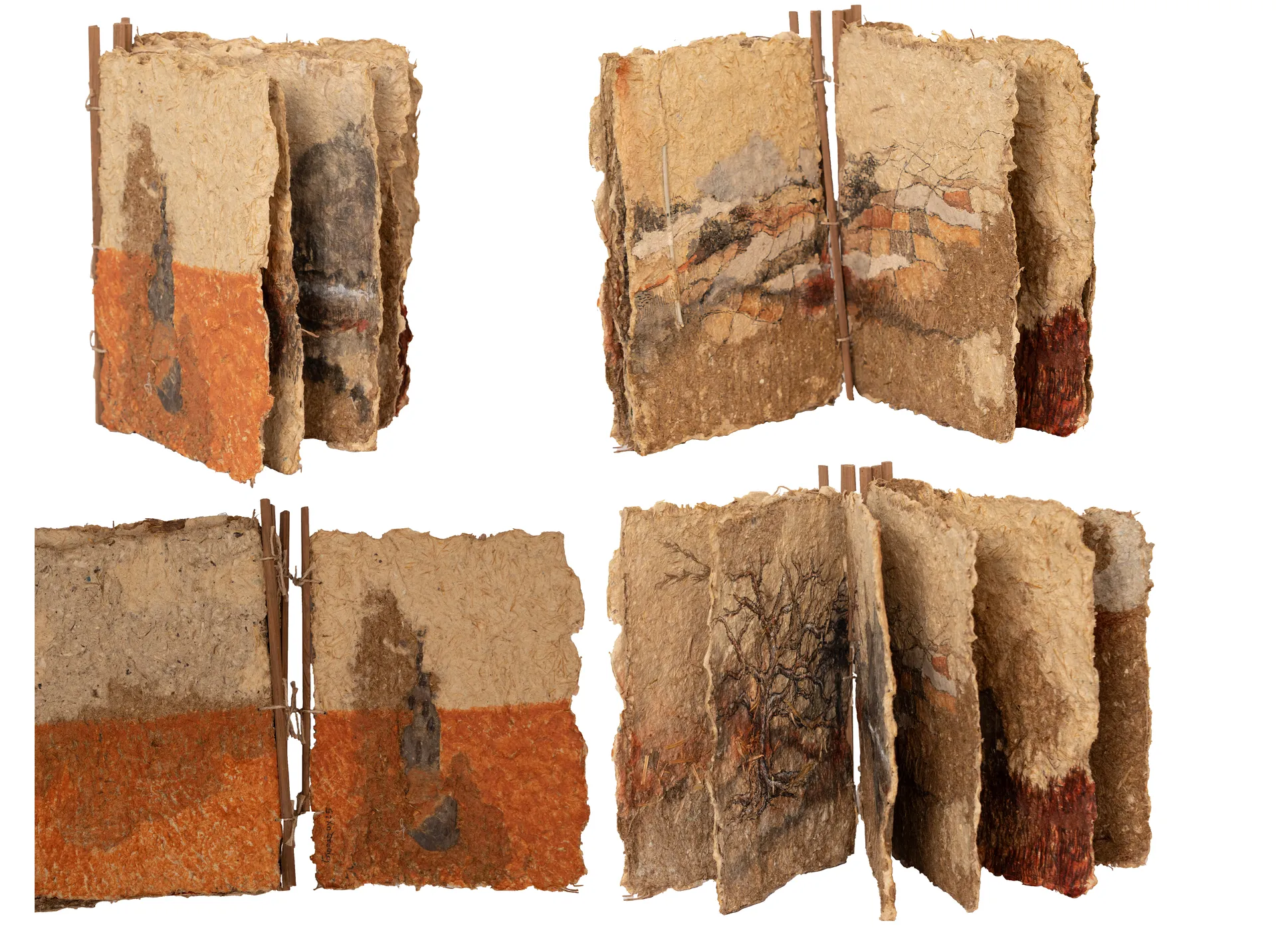 Red land (6 pages, 12 sides) by Gopa Roy - Pulp of wheat, bark, red soil, natural fibers, pen and ink, bound with wooden strips