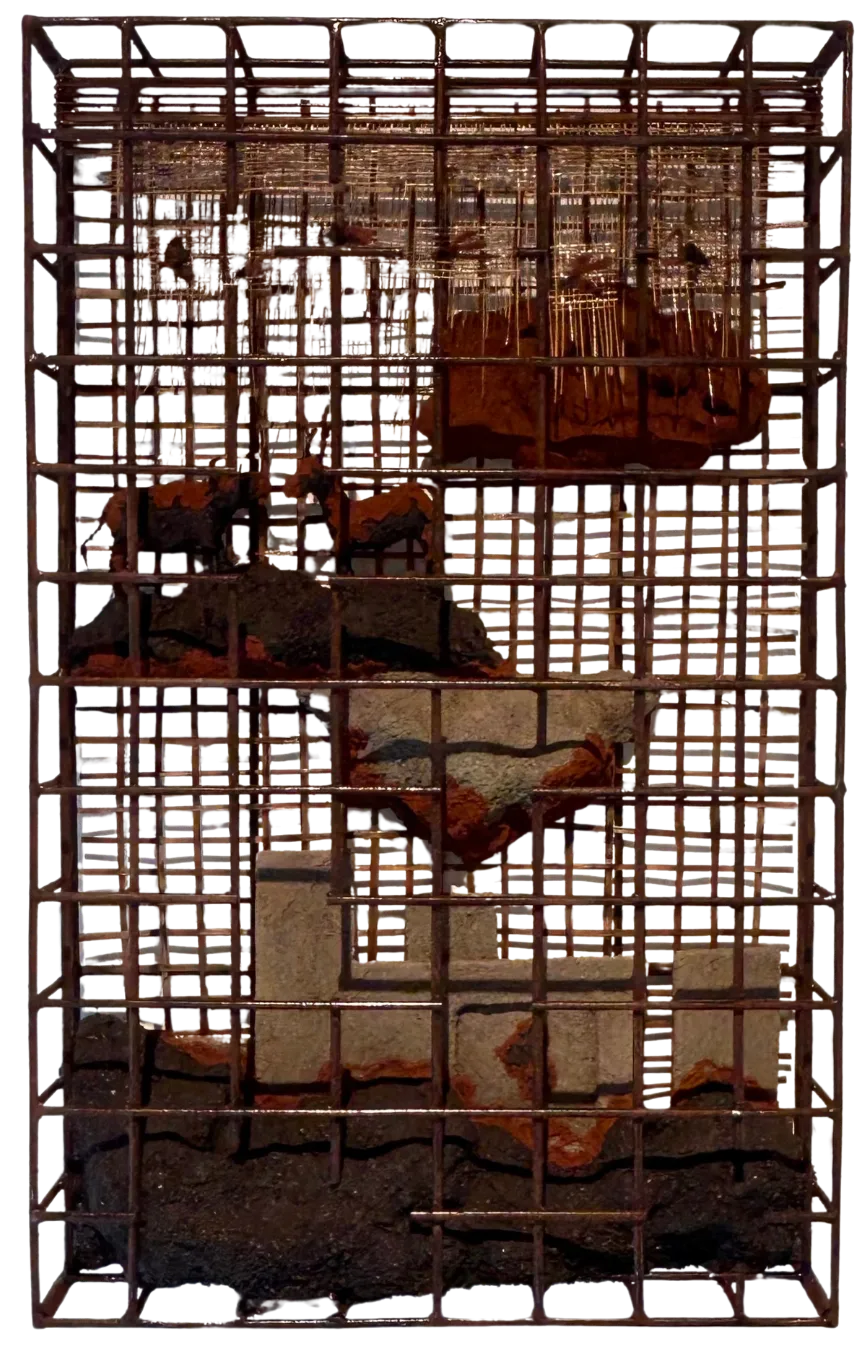 Fragments of excess by Manjit Gogoi - Mixed media (bamboo, iron, construction waste)