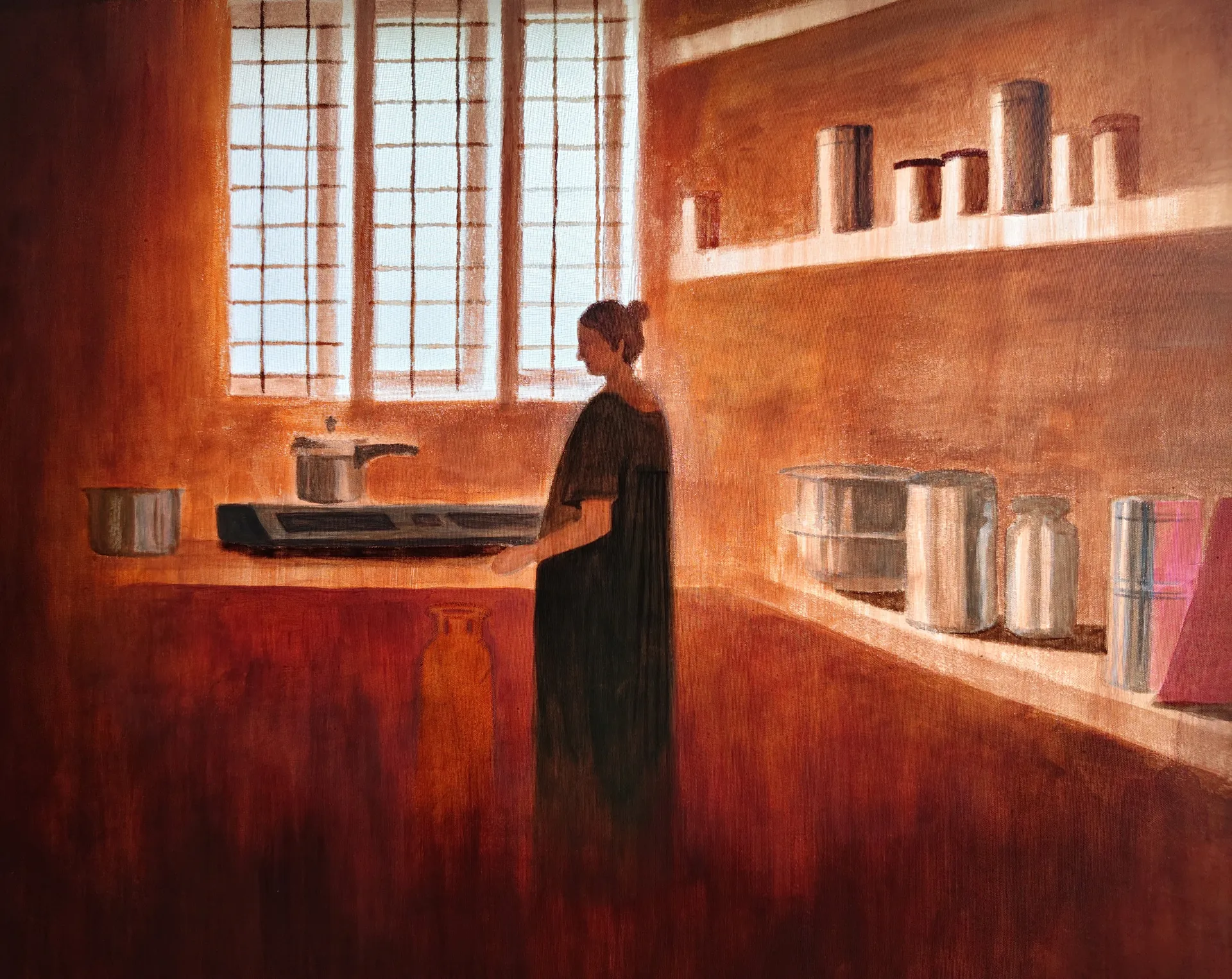 It was my mother who made me meditate 1 by Gayathri A P - Acrylic on organza textile
