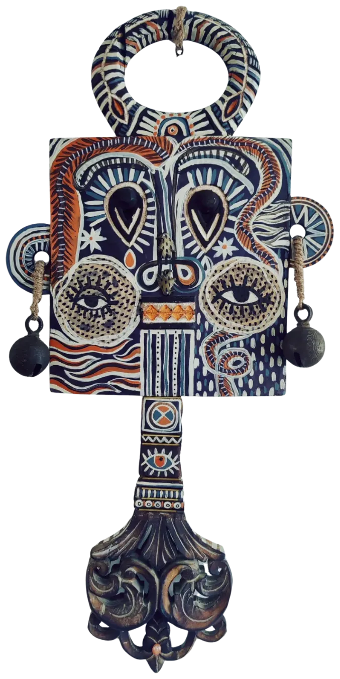 Nazar battu by Varnita Sethi - Acrylic, fabric, stone, brass bells, beads and jute strings on wood