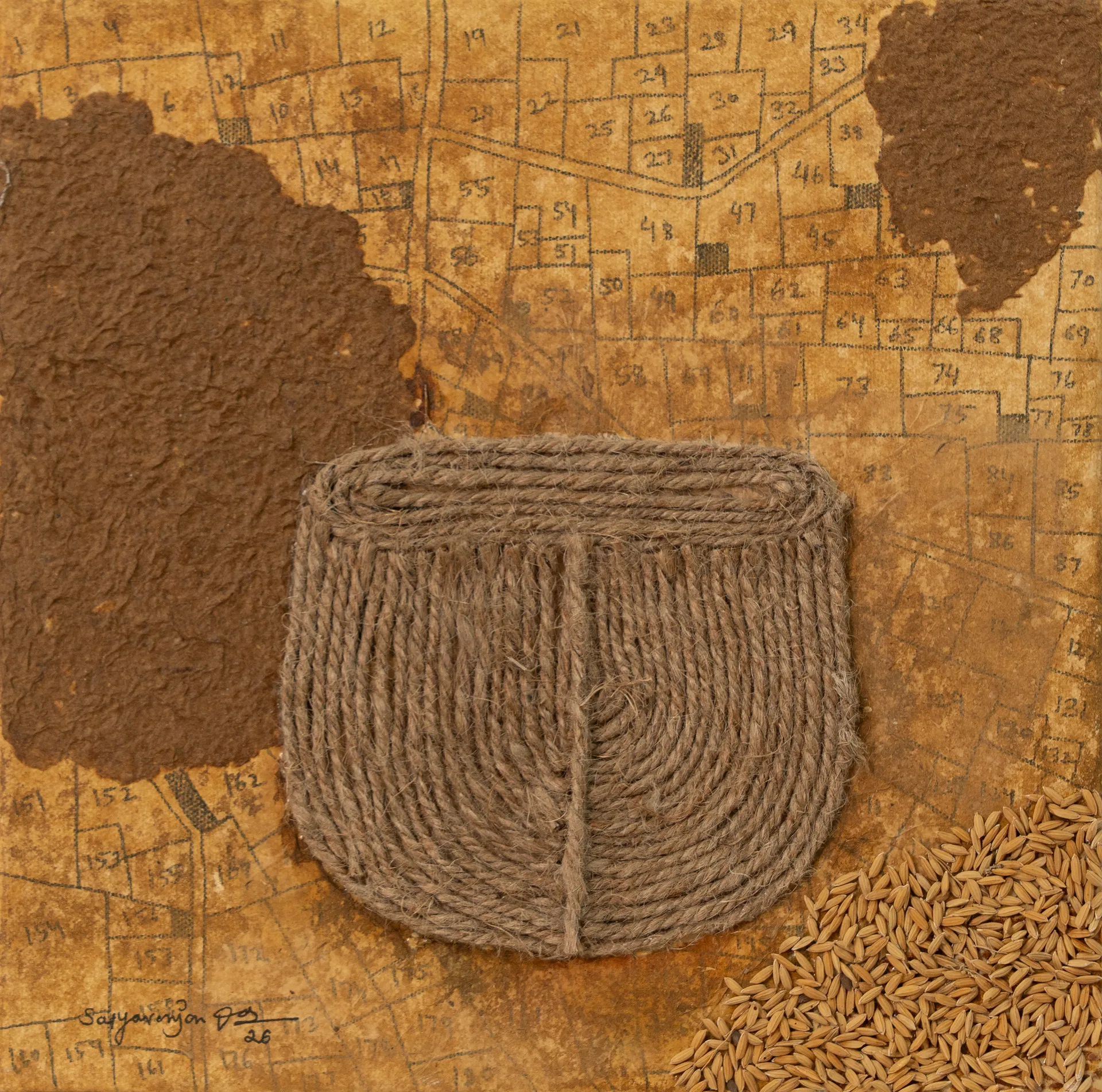 The measurements by Satyaranjan Das - Watercolour, ink, paddy, jute thread, paper pulp, rice paper on canvas