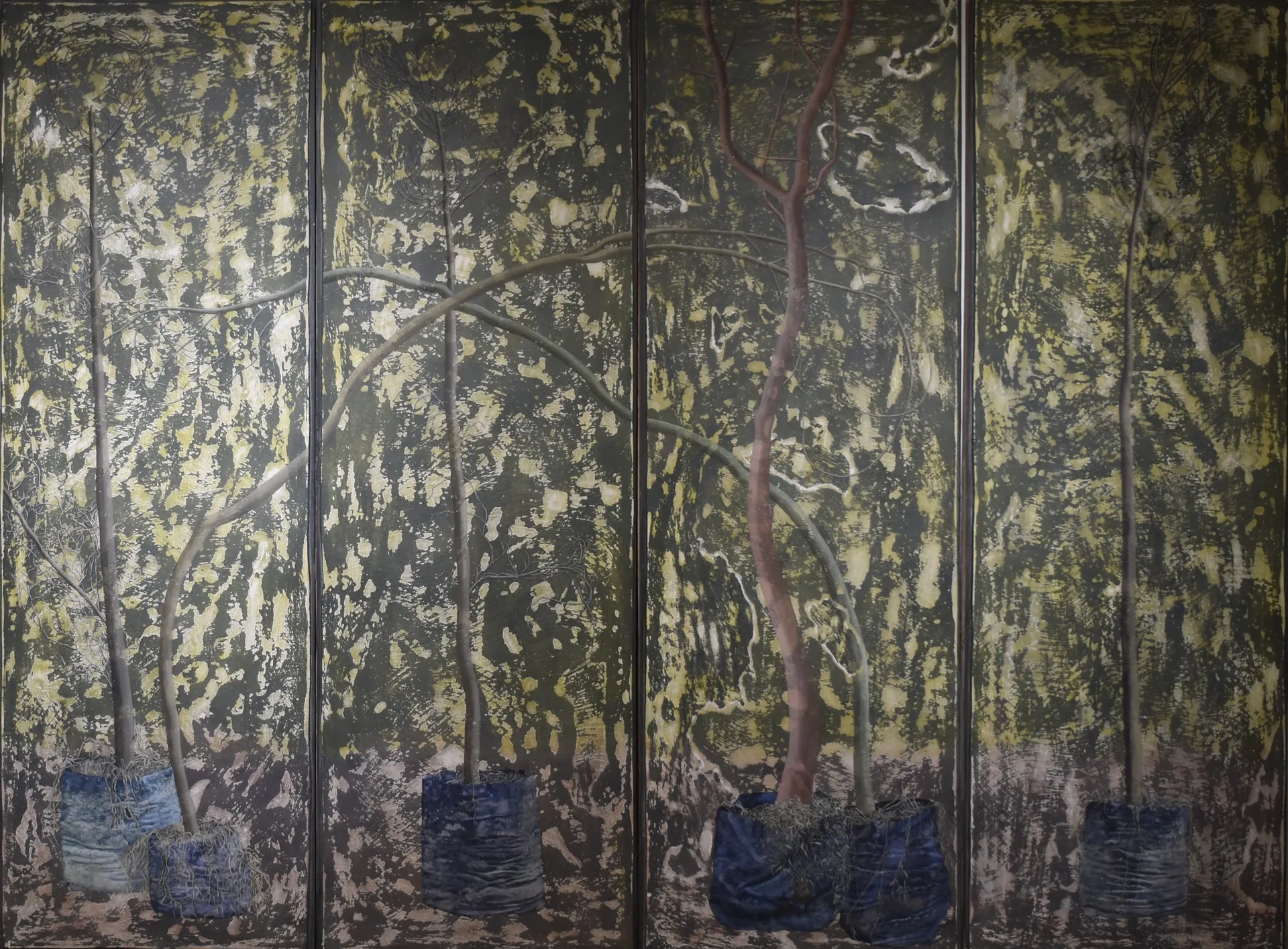 A seed of doom from the day I was born, set of IV by Gurdeep Brar - Acrylic, gouache and plaster on wood panel