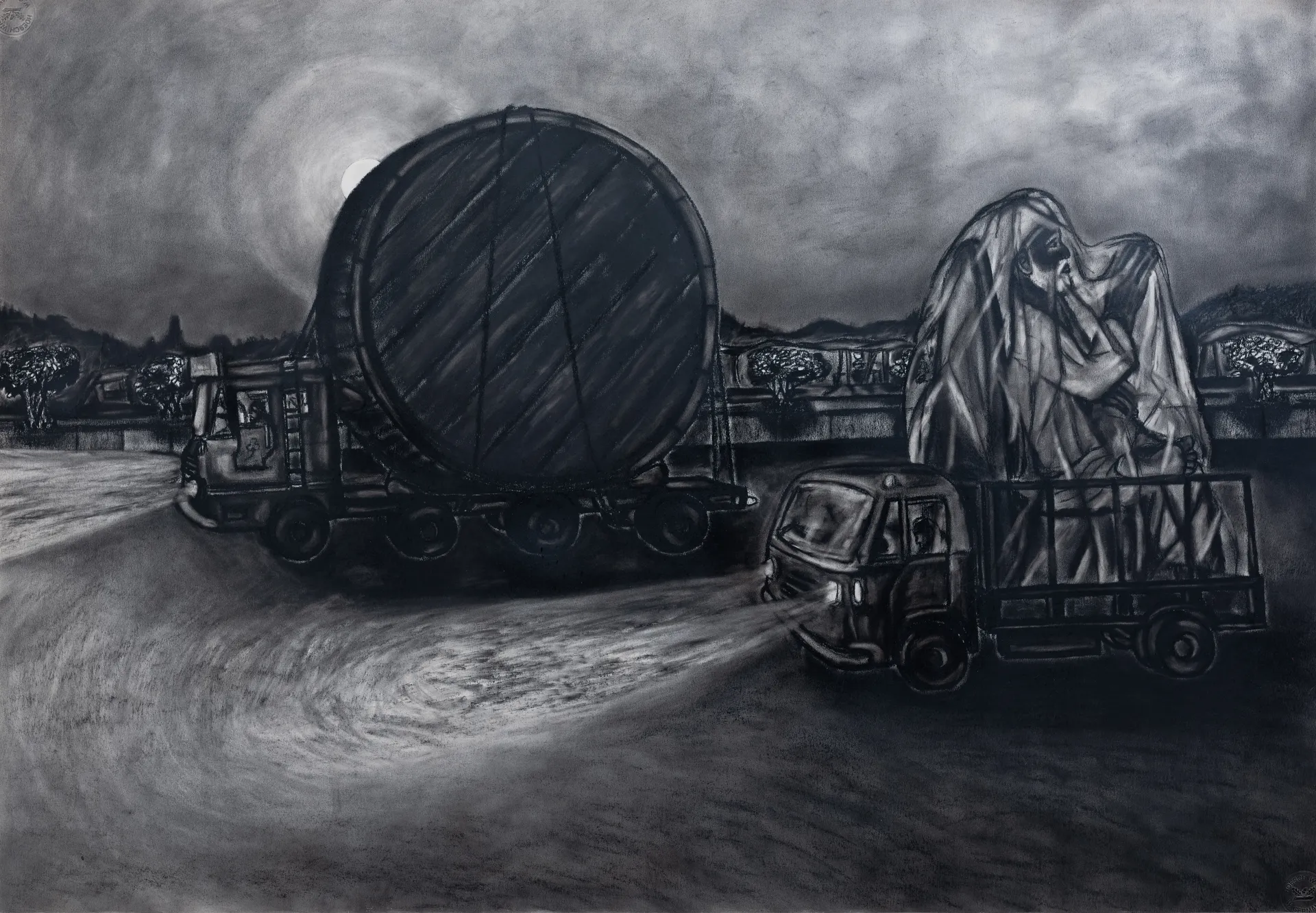 The full moon by G. Mahesha - Charcoal on paper