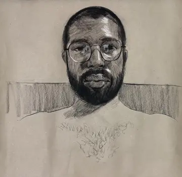 Self-portrait with a frown by Akshit Satyarthi - Carbon pencil on paper