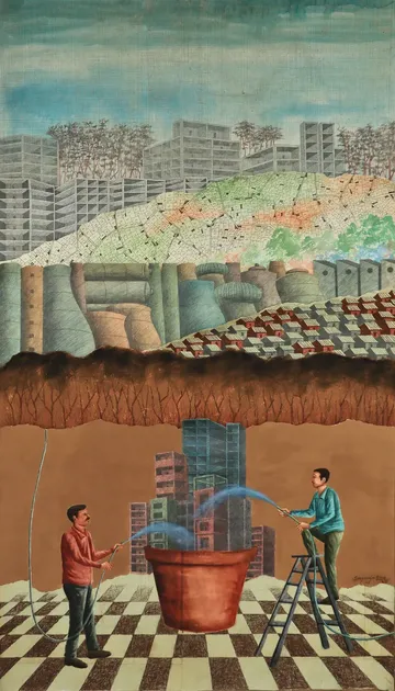 The plantation drive by Satyaranjan Das - Watercolour, graphite, clay, charcoal, ink on Canson and board