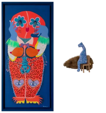 Portrait of us by Varnita Sethi - Acrylic, wooden beads, metal chandelier, plastic fringe, metal shell, ceramic skull beads