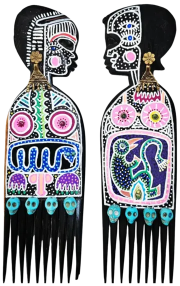 Untangled by Varnita Sethi - Acrylic markers, brass beads and skull beads on a found antique comb