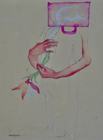 যে শরীর পাখি হতে চায় (A body becoming a bird), 4 by Anup Let - Acrylic, pen and ink on handmade paper