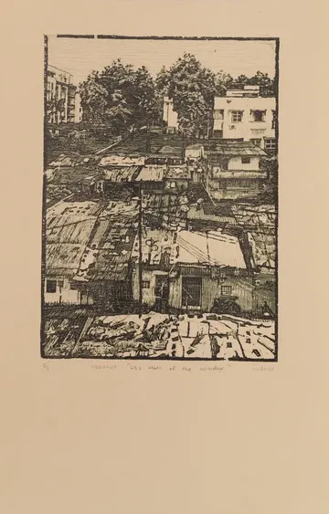 Slum by Akbar Ali Sunasara - Woodcut print
