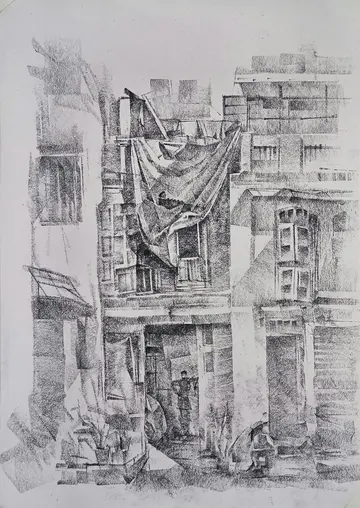 Haja patel ni pol, Ahmedabad old city by Dharmesh Prajapati - Charcoal on paper