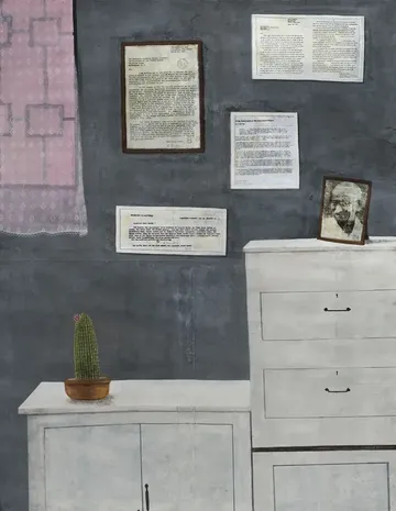 Still life of war, before and after (Portrait of Gandhi, letters from Einstein to President Roosevelt and Gandhi, a cactus, and a curtain) by Aryama Pal - Image transferred using acrylic gloss medium, charcoal, and acrylic colour on Nepalese paper pasted on buff cartridge paper