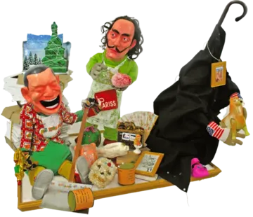 The triumph of the artist by Pinak Banik - Sculpture with multiple components, fable glass portraits, soft sculpture, smaller assemblages, inscribed terracotta and brass objects