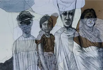The family photo by Navanshu Kumar - Charcoal, transparent parchment, rice paper, and ink on paper