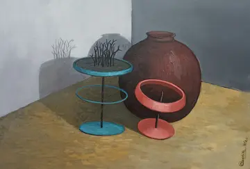 Still life II (a pot with plant) by Kartik Tripathi - Acrylic on canvas