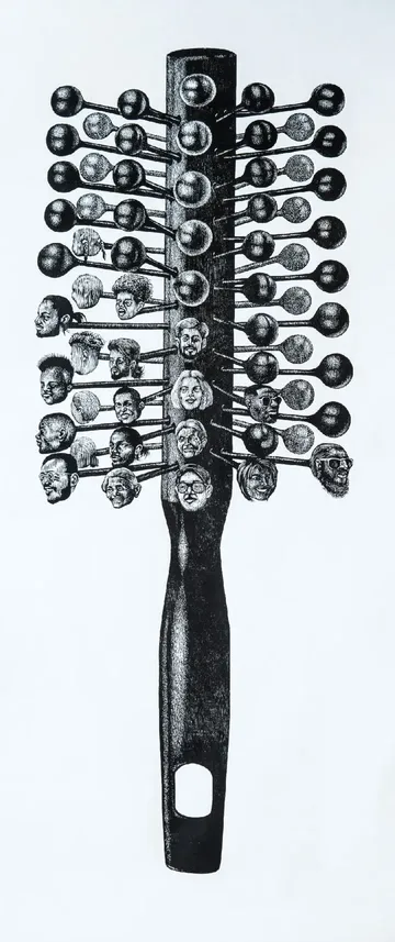 Family tree of the comb by Tukuna Dakua - Woodcut
