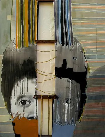 Two in one by Navanshu Kumar - Acrylic, wood, rope, and charcoal on canvas